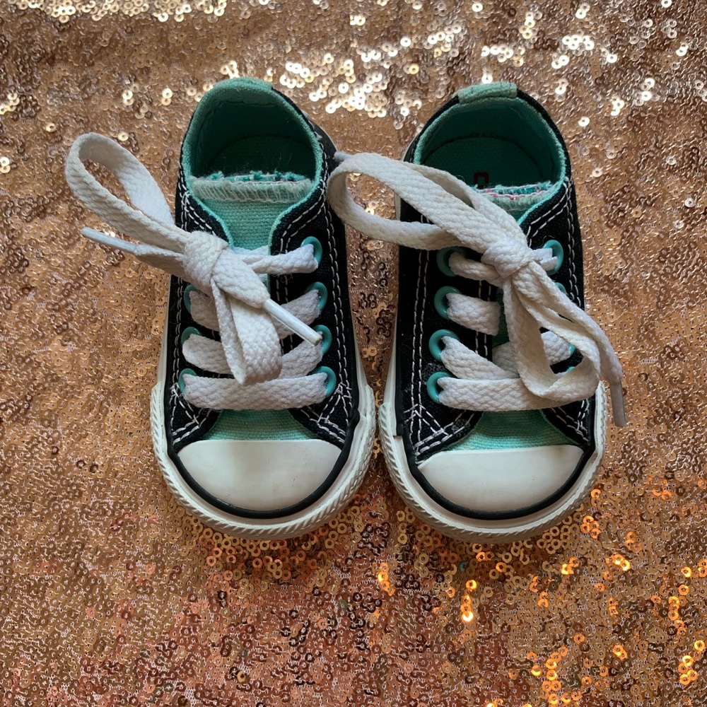 Tiffany blue and black lace up converse